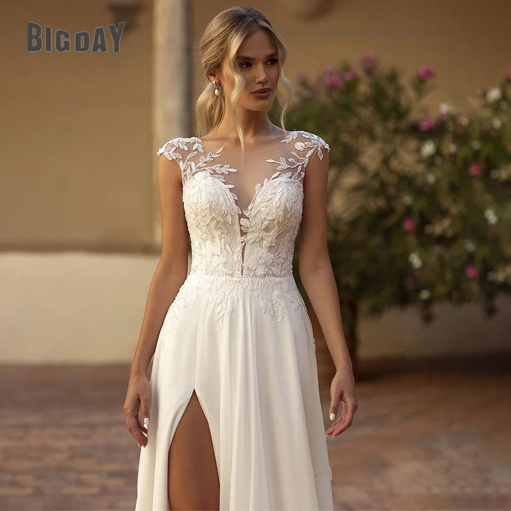 Elegant Boho Lace Wedding Dress Chiffon O-Neck Illusion Back Side Split Applique Bridal Party Gown Vestidos De Novia Customized