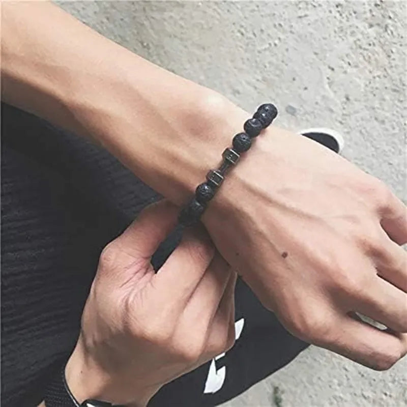 Natural Black Volcanic Lava Stone Dumbbell Bracelet Black Matte Beads Bracelets For Women Men Fitness Barbell Jewelry Pulseras