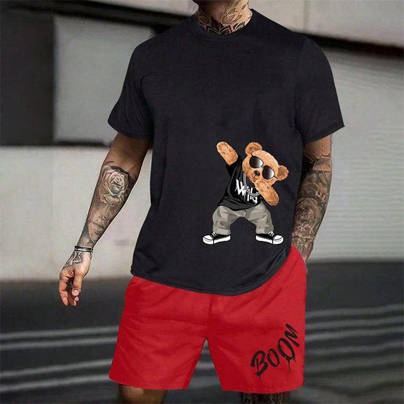 2025 Fun Bear Harajuku T-Shirt Men's Summer Loose Daily Couple Suit Outdoor Street Short Sleeve Shorts Two Piece Men Summer Suit