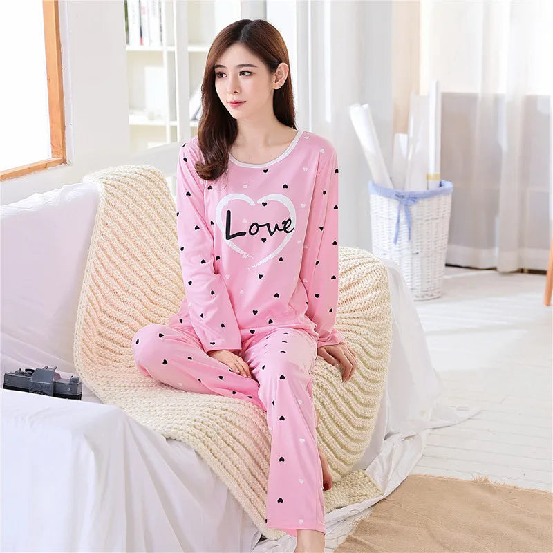 Spring Thin 2pieces Pyjamas Set Women Tops 2024 Cotton Round Neck Girls Pajamas Sets Teacup Cat Sleepwear Clothes Pijamas Mujer