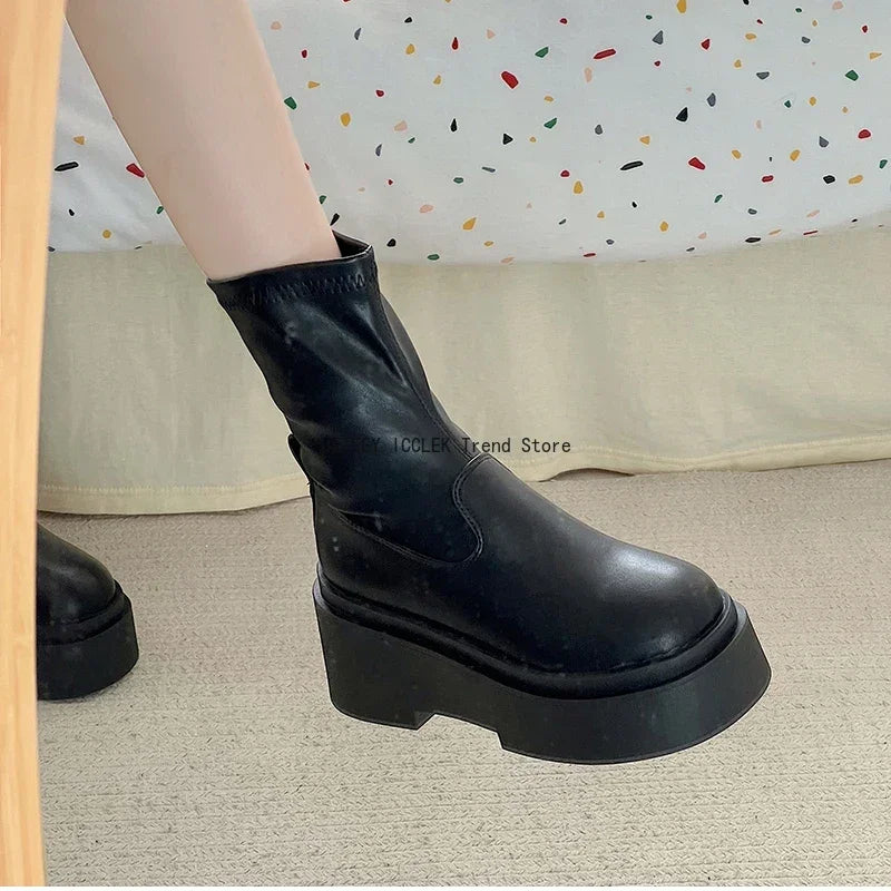 Chunky Women Knee High Boots Fashion Slip On Knight Long Booties Platform Flats Autumn Winter Shoes