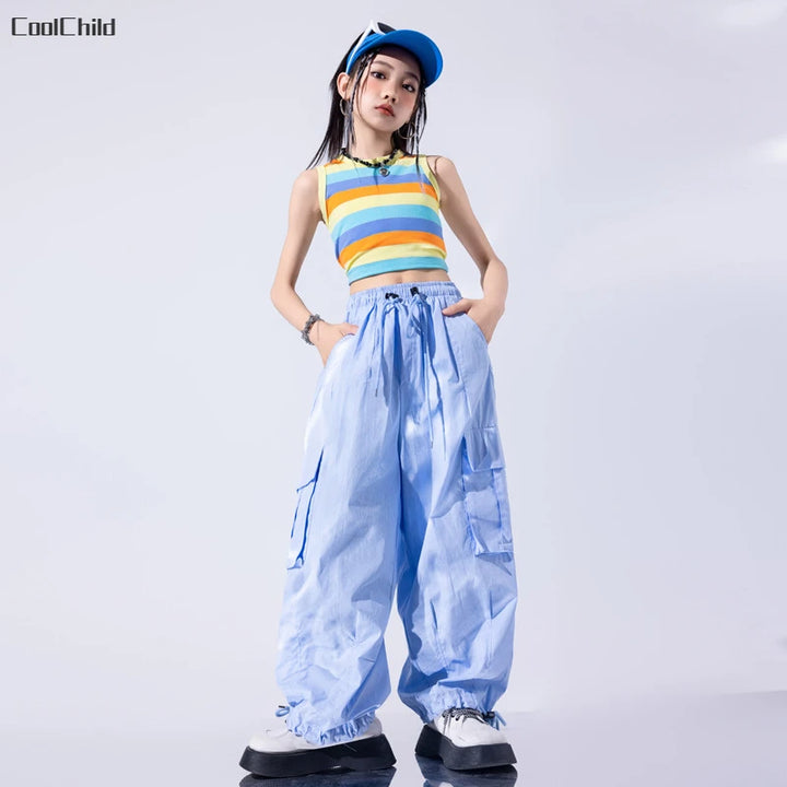 Girls Hip Hop Rainbow Striped Crop Tank Top Colorful Cargo Pants Kids Street Dance Jazz Costumes Children Streetwear Clothes Set