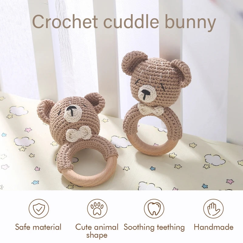 1PC Crochet Animal Bear Rattle Toy Soother Bracelet Wooden Teether Ring Baby Product Mobile Pram Crib Wooden Toys Newborn Gifts