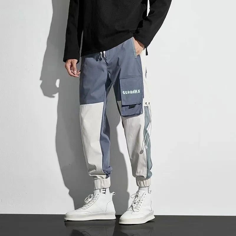 Men's Cargo Pants Casual Hip Hop Hit Color Multiple Pockets Trousers Streetwear Ribbons Techwear Sweatpants