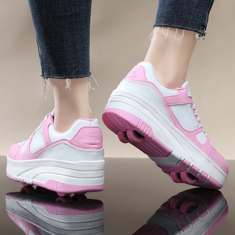 Four wheel roller shoes Boys girls walking shoes Casual outdoor sports slide and shrink school students pulleys shoes sneakers