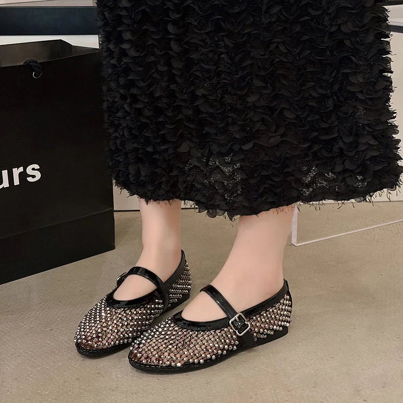 Mesh Breathable Rhinestone Fashion Versatile Women's New Foreign Style Niche Belt Flat Soft Soled Mary Jane Shoes Womens Shoes