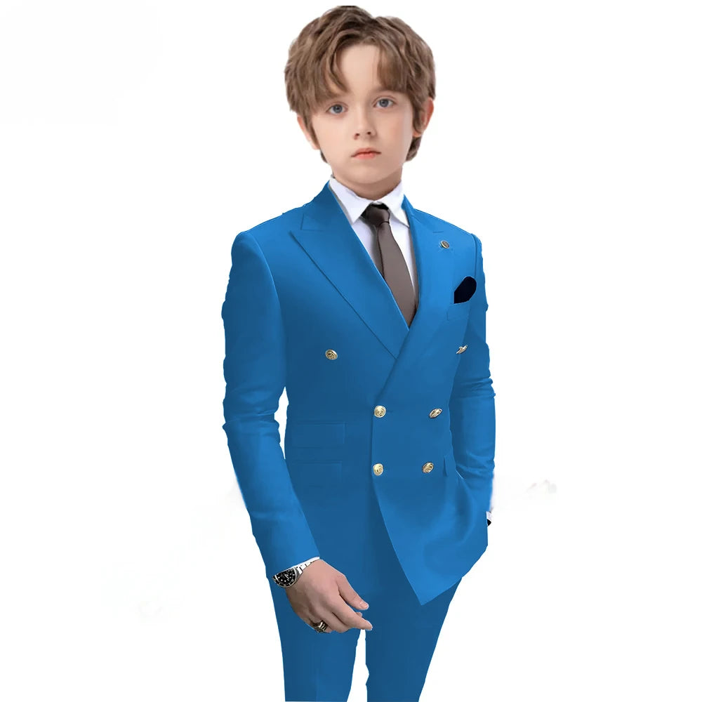 Navy Blue Boys 2 Piece Suit Double Breasted Blazer Kids Wedding Tuxedo Jacket Pants Formal Child Clothes 2-16 Years Old