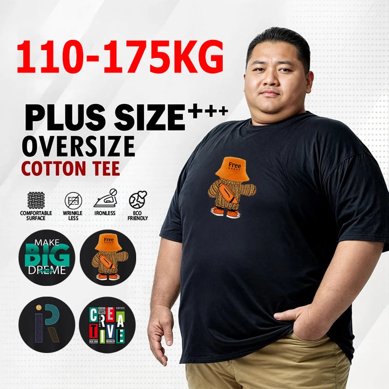 Mens T Shirts Printed Tee Large Size 110-175kg 7XL Cotton Black T-shirt Round Neck Short Sleeve Oversized Tops Big Men Clothing