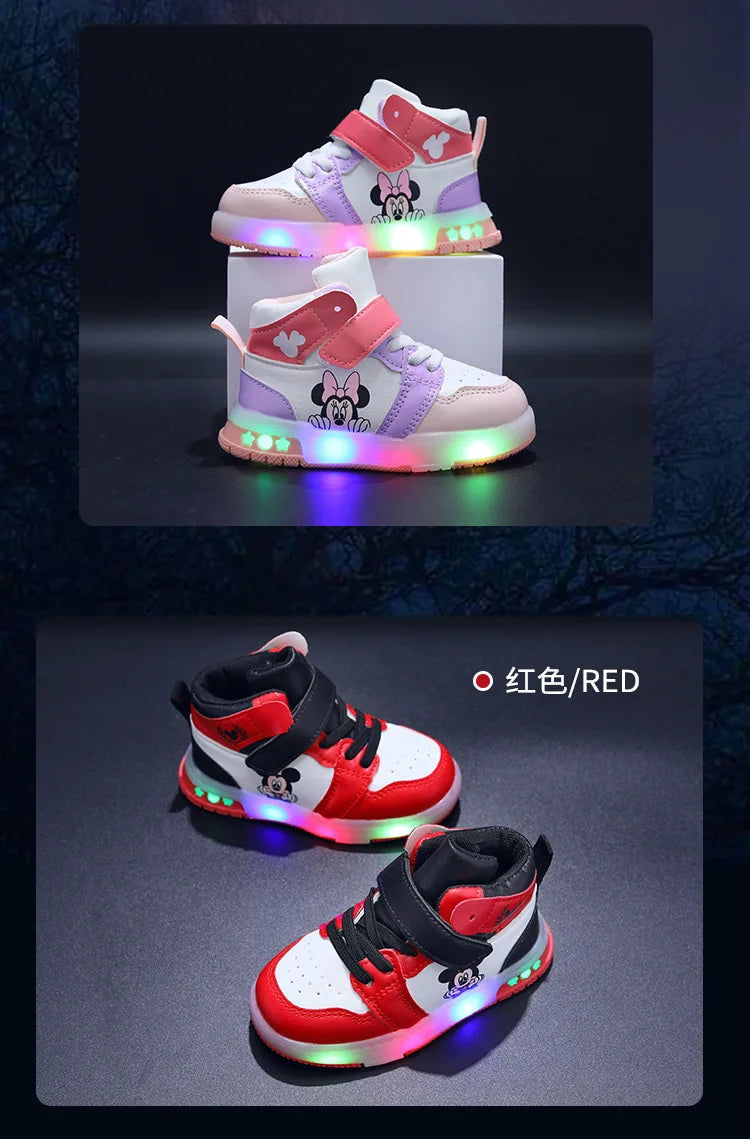 Disney Children's Sneakers Boys Girls Mickey Led Light Sport Shoes Student Shoes Hook Anti-slip Kids Outdoor Shoes Basket Shoes