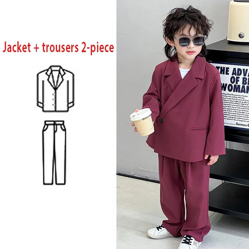 2025 Spring Children Suits Outfits Casual Loose Page Boy Wedding Costume 2 To 12 Y Toddler Host Catwalk Performing Blazers Set