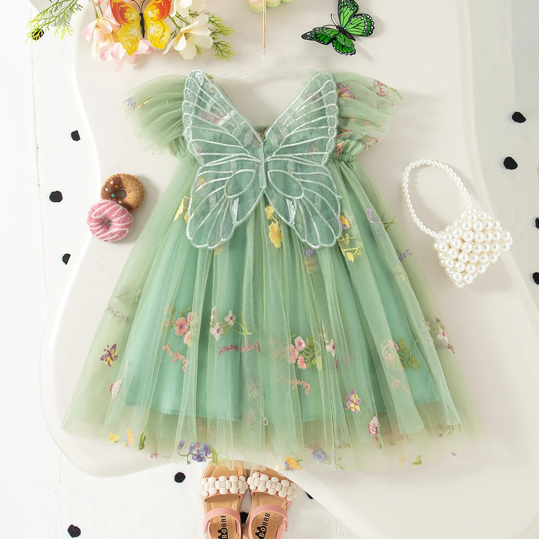 Summer New Girls' Dress Halter Small Flying Sleeve Embroidery Pattern Wings Sweet Princess Dress Mesh Princess Dress