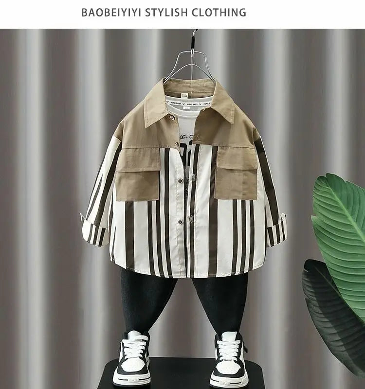 Boys' Autumn Shirts 2024 Spring and Autumn Season New Handsome Children's Striped Shirts Coat Foreign Style Casual Top