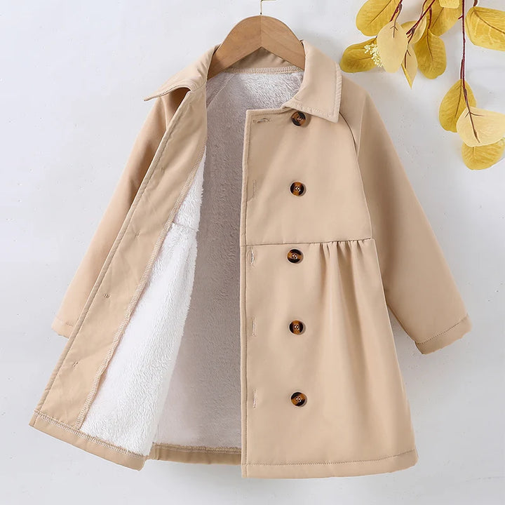 Girls Casual Fashion Double Breasted Fleece Windbreaker Children's Autumn and Winter Coat