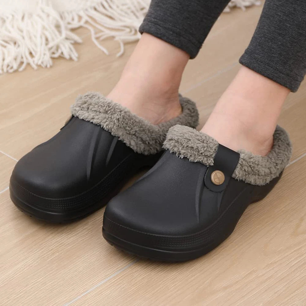 Comwarm New Fuzzy House Slippers For Women Men Winter Waterproof Garden Shoes Soft Plush Slippers Outdoor Warm Furry Clogs Slide