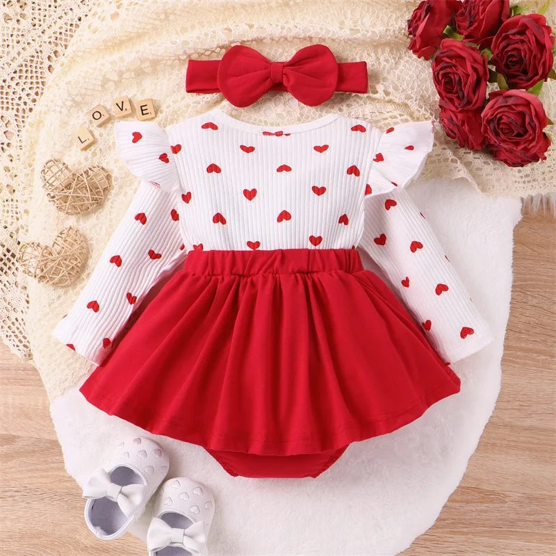 Valentine Baby Girl Outfit Heart Print Ribbed Long Sleeve Newborn Valentines day Romper Dress Headband Set