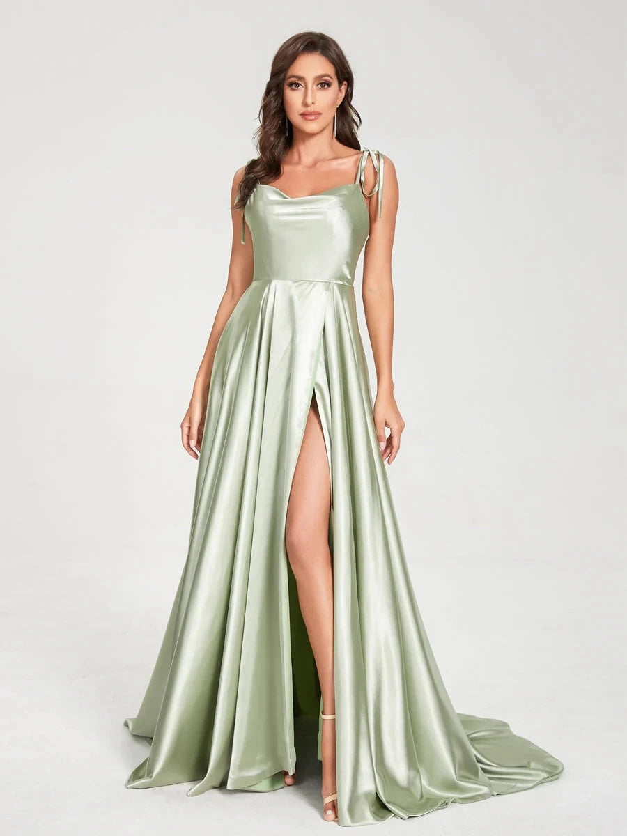 FATAPAESE Mint Green Bridesmaid Dresses Sexy Side Slit Backless Gown Long Satin Spaghetti Strap Summer Evening Dress For Women