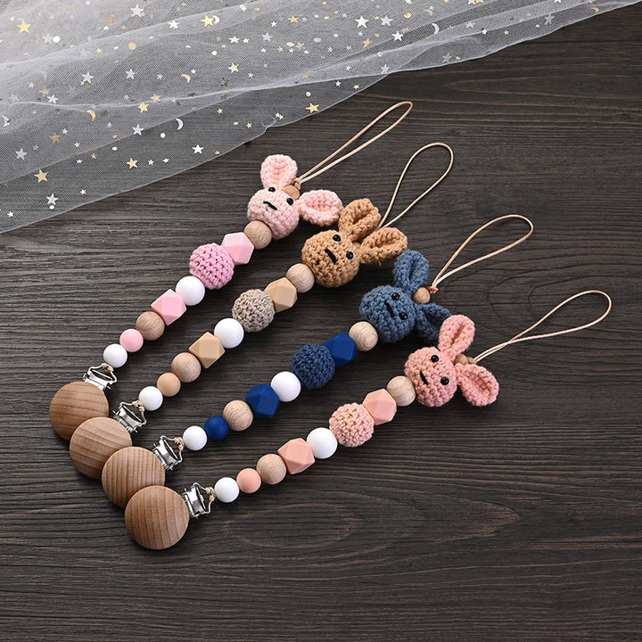 New Baby Wooden Pacifier Clip Wood Crochet Rabbit Teething Soother Chain For Nursing Chew Toy Baby Dummy Holder Chain BPA Free