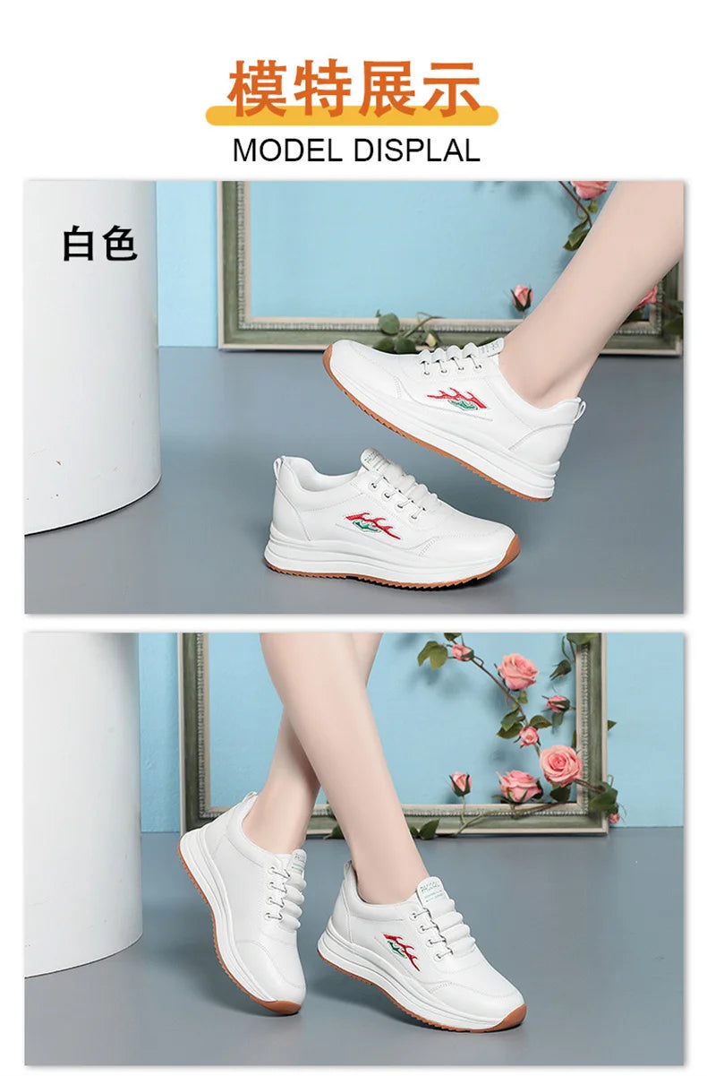 White Breathable Comfort Women's Sports Shoes Outdoor Walking Flats Spring Anti-slip Soft Leather Soft Bottom Casual Sneaker