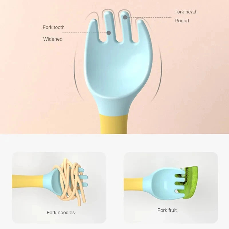 Bendable Twist Baby Fork And Spoon Set Learn To Eat Training Tableware Silicone PP Soft Spoon Soft Bendable