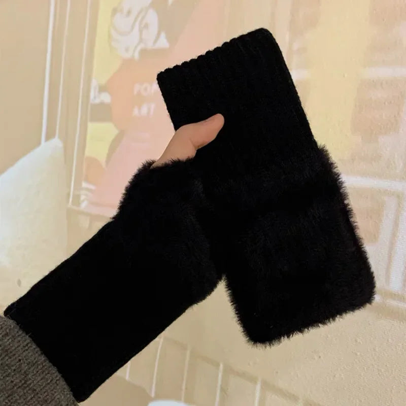 Women's soft mink wool middle finger gloves, solid black plush knitted wrist gloves, luxurious warmth, no fingers, writing, wint