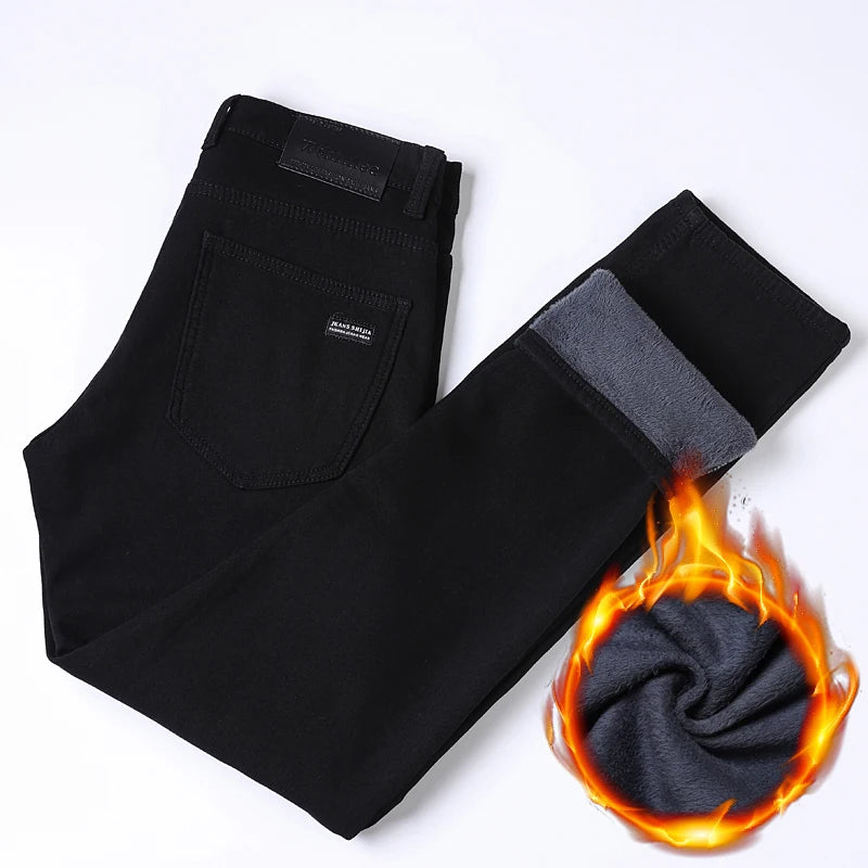 WTHINLEE Winter Men Black Straight Stretch Denim Thick Velvet Pants Warm Jeans Casual Fleece Line Trousers Male Plus Size