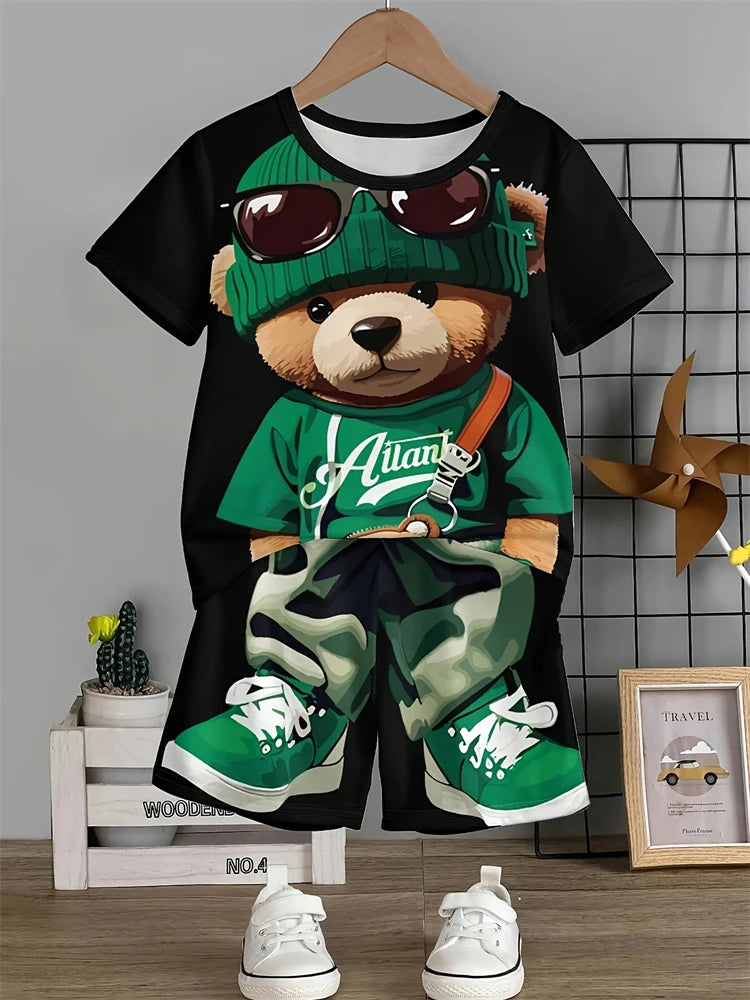 Summer Daily Casual Men's Short-sleeved Outdoor Sports Men's Beach Pants Fashion Bear Print Men's T-shirt And Shorts 2pcs Set