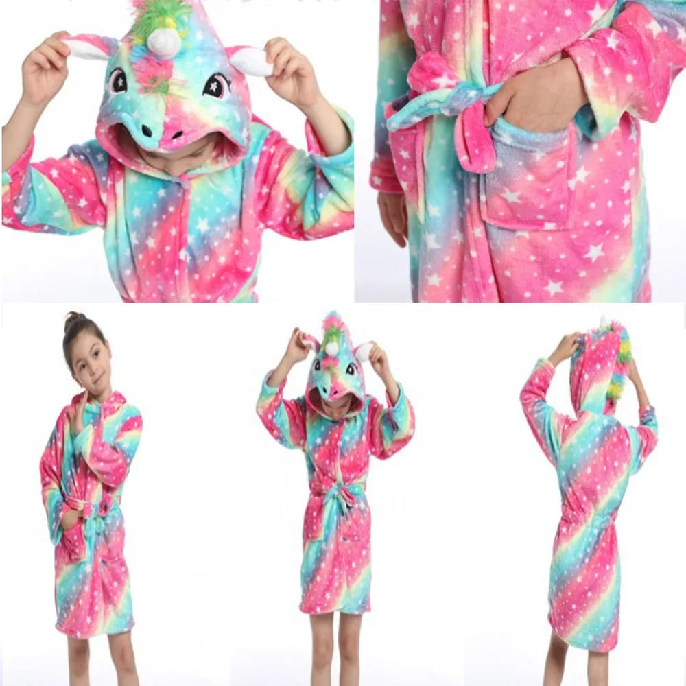 Lilo & Stitch Disney Girls Robes Children's Nightgowns Flannel Winter Sleepwear Kids Pyjamas Blue Stitch Unicorn Kigurumi Robes