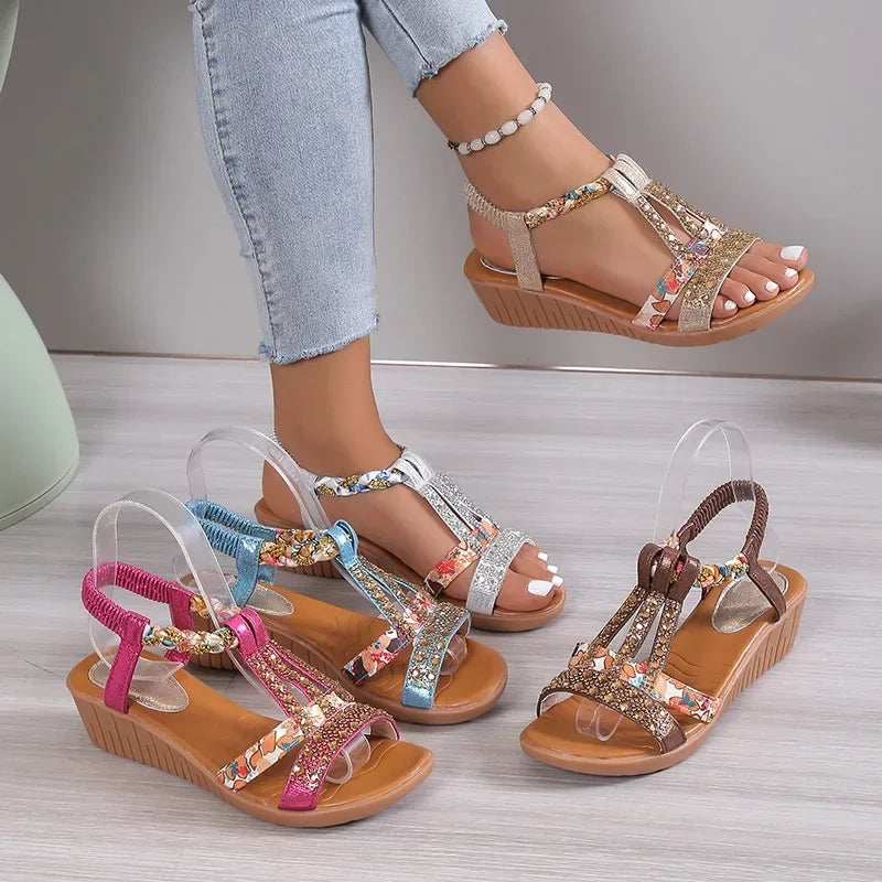 Shoes for Women Summer Women Wedge Bohemia Rhinestones Casual Platform Sandals Female Peep Toe Outdoor Beach Shoes 34-43