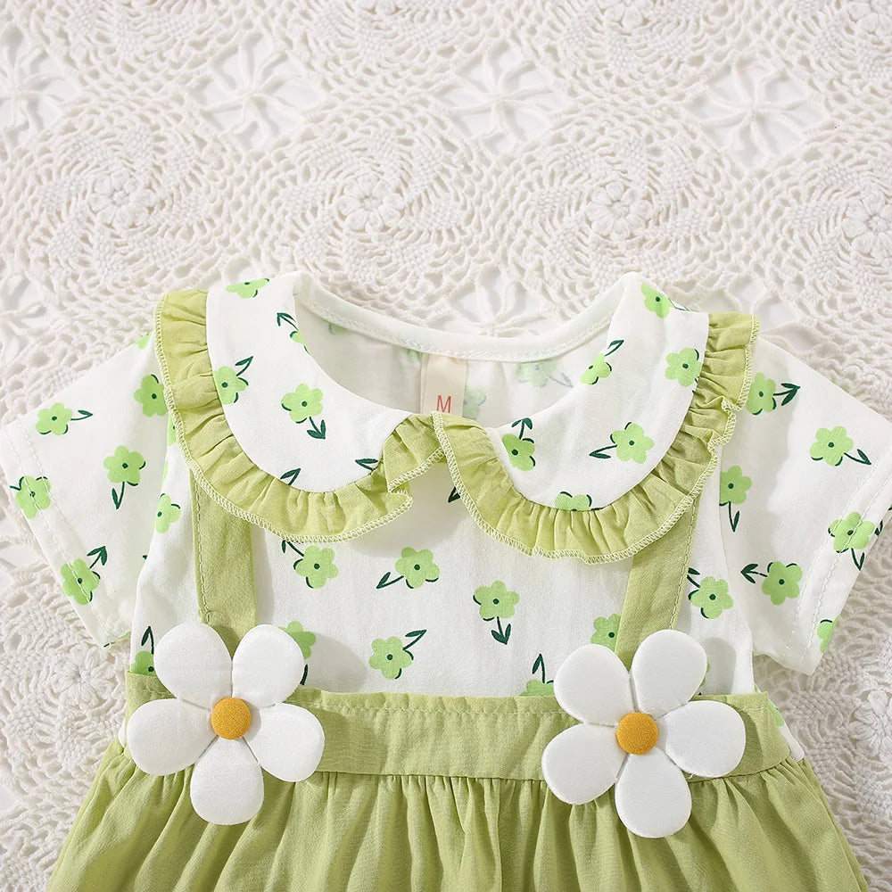 (0-3 Years Old) Summer Baby Girl Cotton Flower Fake Two-Piece Shoulder Strap Dress Girl Cute Short Sleeved Dress