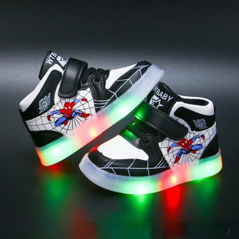 Disney Children's Led Light Shoes Fashion Design Spiderman Boys Sneakers Girls Cartoon Casual Shoes Breathable Kids Sport Shoes