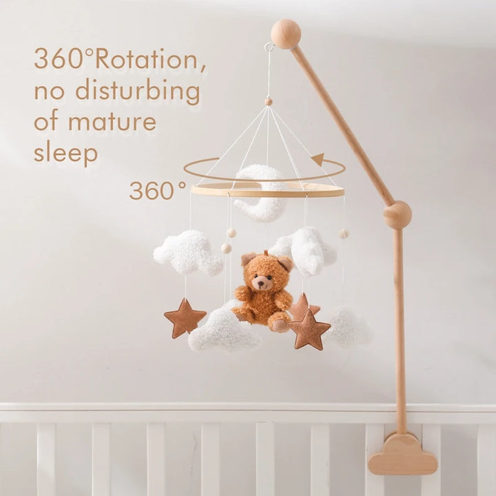 Baby Wooden Bed Bell Mobile Hanging Rattle Toys Teddy Velvet Bear Rabbit Doll Toy Newborn Music Hanger Crib Mobile Bracket Gifts