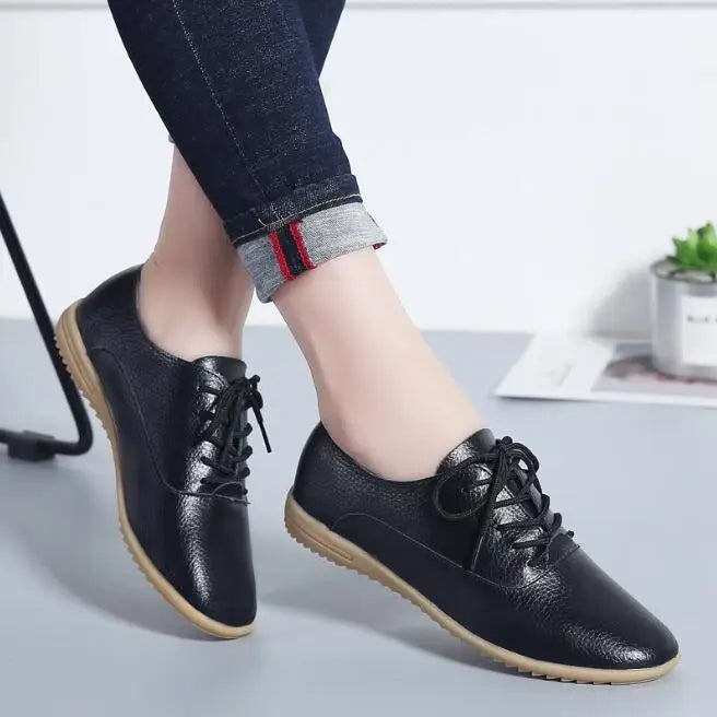 2024 New Spring Women Oxford Shoes Ballerina Flats Shoes Women Genuine Leather Shoes Moccasins Lace Up Loafers White Shoes 36-41