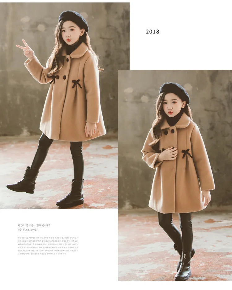 New Winter Teenager Girls Long Jackets Toddler Kids Outerwear Clothes Casual Children Keep Warm Woolen Trench Coat 3-12 Years