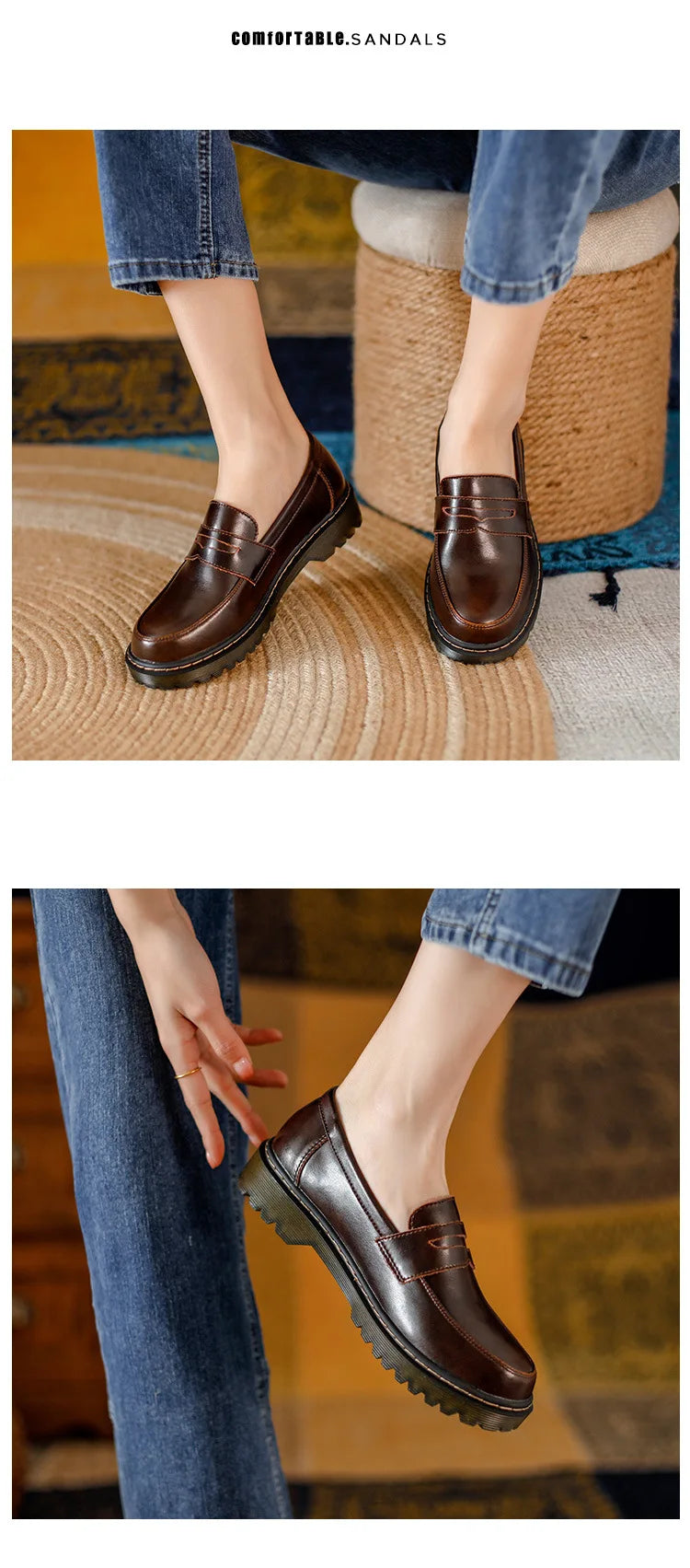 34-40 Women Oxfords Women's Shoes Ladies Leather Female Round Toe Sewing Retro Comfortable Footwear Lolita Shoe Brown