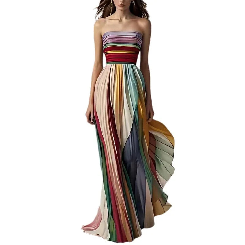 Sexy Fashion Strapless Off Shoulder High Waist Corset Folds Evening Floor Length Dress Robe Elegant Women Rainbow Party Dress