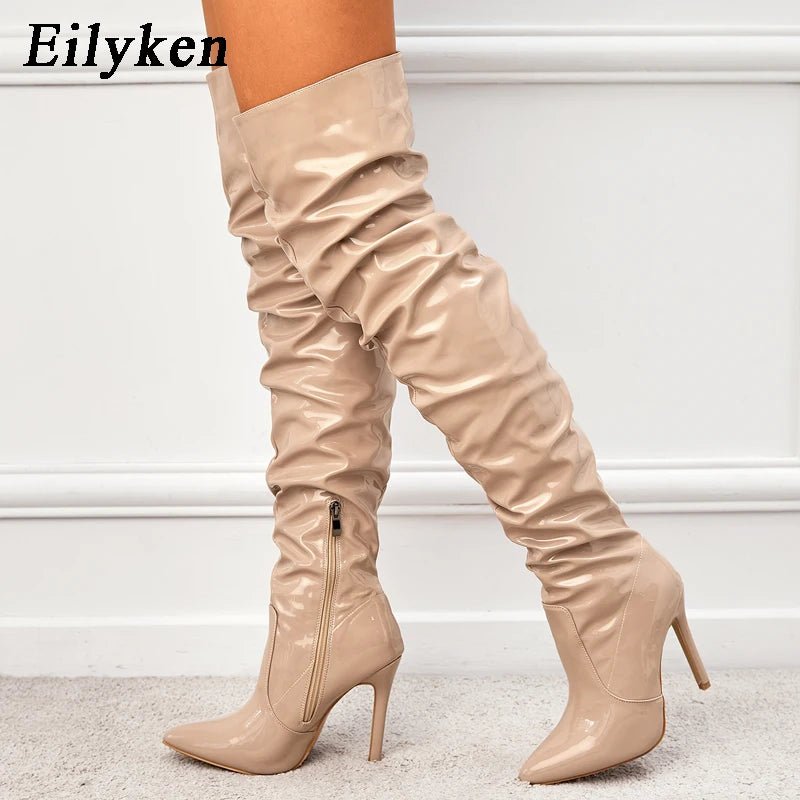 Eilyken Red Women Over The Knee Boots High Heels Patent Leather Solid Pointed Toe Stiletto Side Zipper Sapatos Femininos