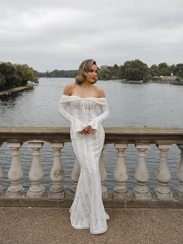 Elegant One Shoulder Lace Up Hollow Women's Dress Slim Fit See-through Long Sleeved Backless Robe 2024 Summer Lady Evening Gowns