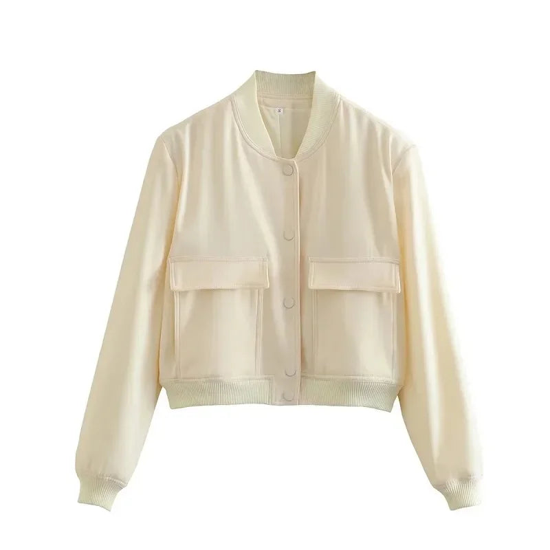 ASDS woman bomber jacket coat White autumn winter button baseball aviator cropped jackets for women long sleeve crop outerwear