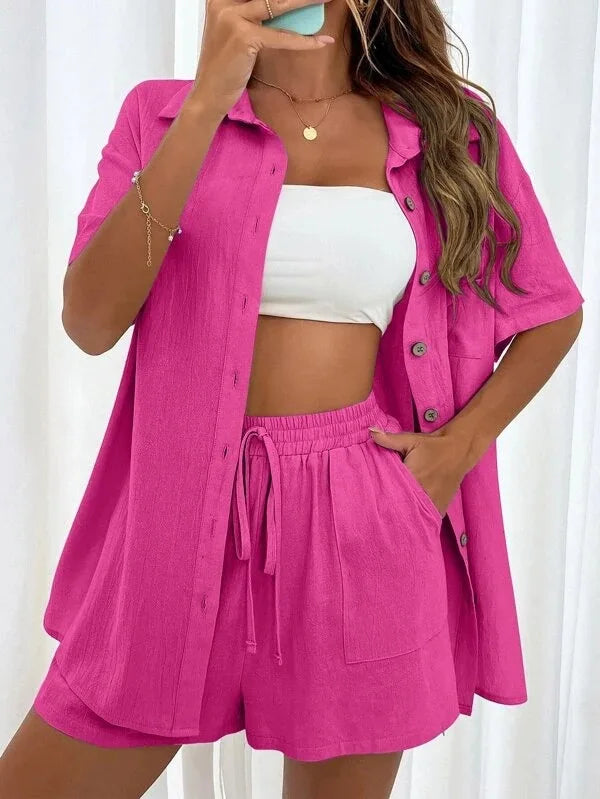 Long Sleeve Single breasted Top Broad legged Shorts Set Fashion Ladies Sexy Solid Suits 2023 Summer 2 Piece Outfits For Women