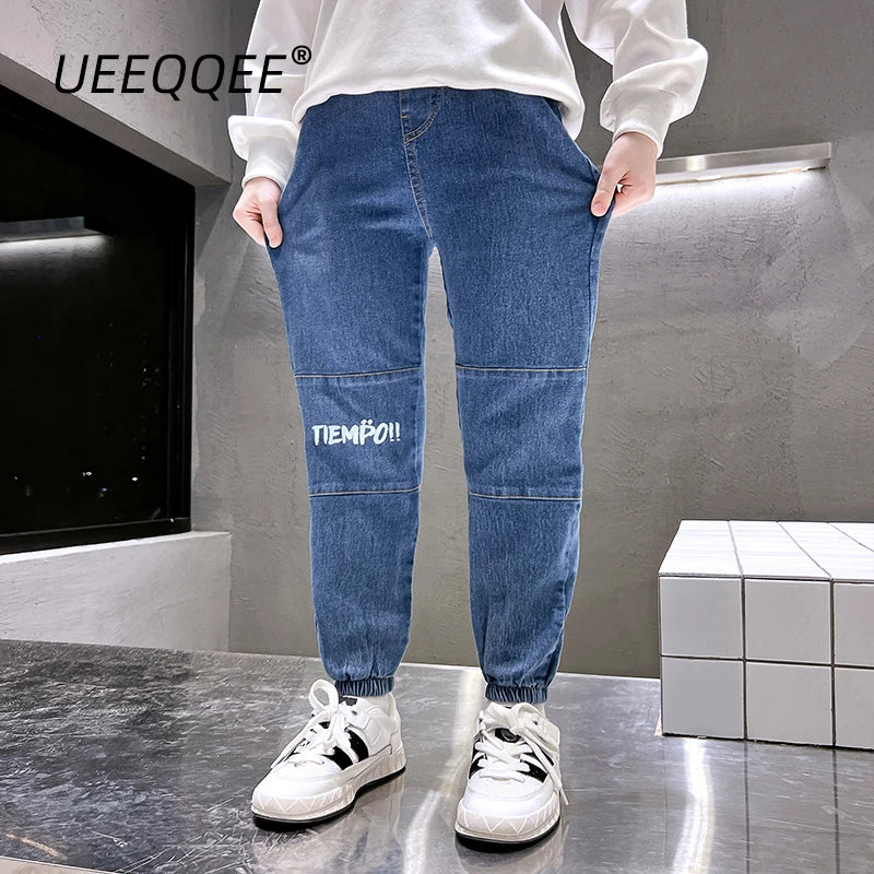 Spring Autumn Children Jeans 4-14Y Boys Cotton Print Splice Stretch Denim Pants Korean Teenage Trousers Wear Kids Clothing New