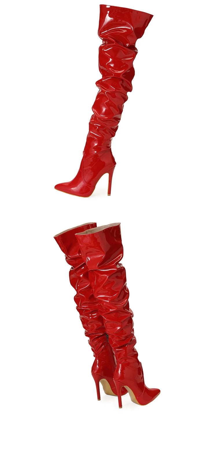 Eilyken Red Women Over The Knee Boots High Heels Patent Leather Solid Pointed Toe Stiletto Side Zipper Sapatos Femininos