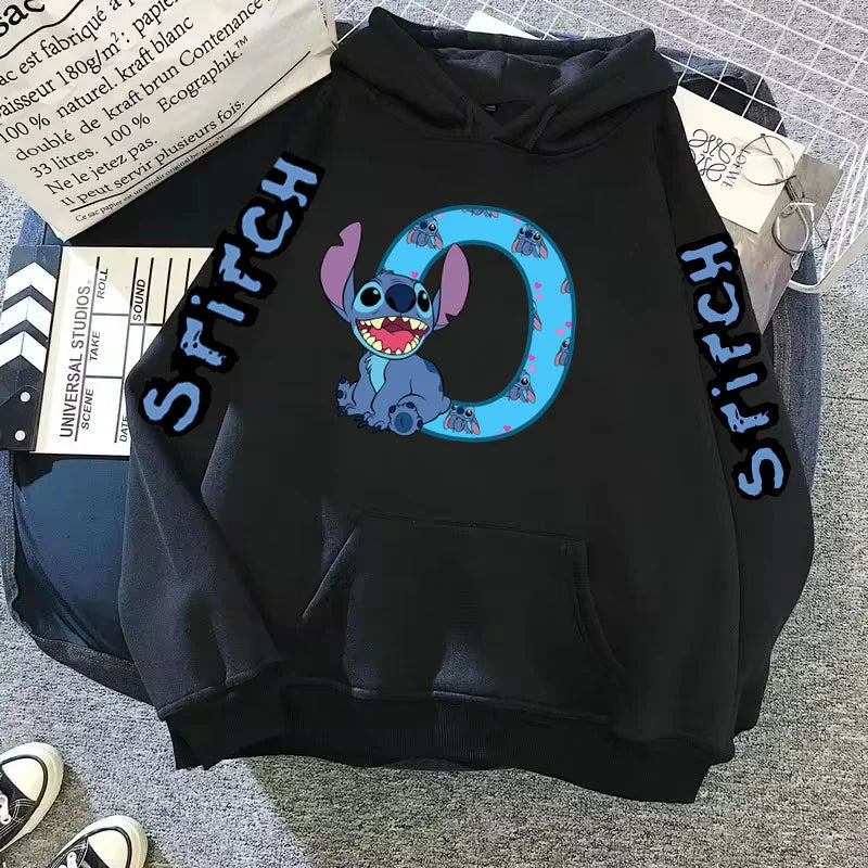 2024 Women's Winter Jacket Cute Kawaii Disney Lilo & Stitch Lucky Letter Print Black Hoodie Fashion Couple Streetwear Sportswear