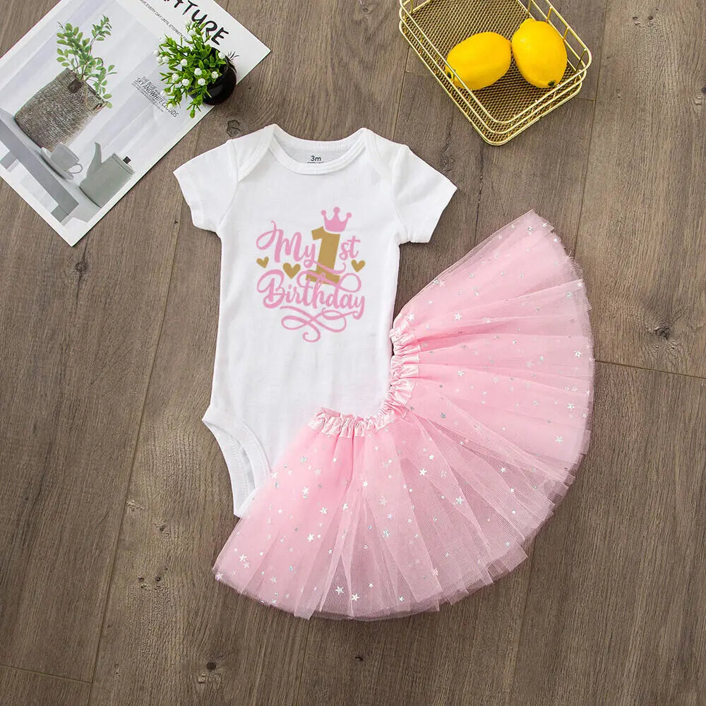 My 1st Birthday Baby Girl Birthday Dress + Bodysuit Set Pink Tutu Cake Dresses + Romper Outfits Girls Summer Clothes Jumpsuit