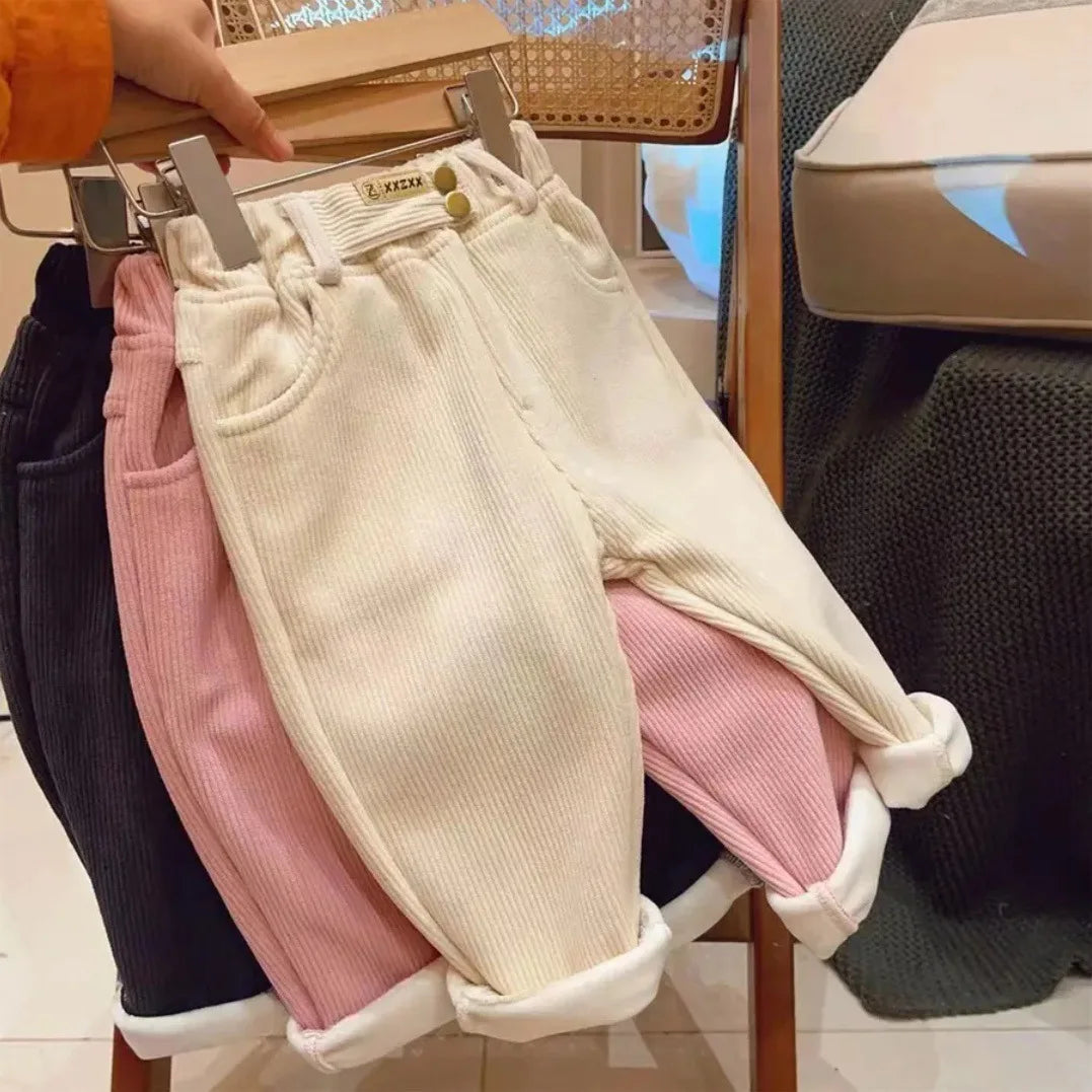 Kids Warm Pants Boy Girls Autumn Winter Corduroy Thick Outer Wear Sports Trousers 3-10Y Children Clothes Casual High Waist Pants