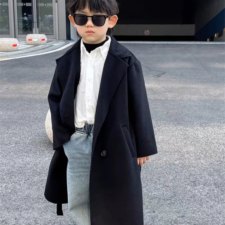 Boys Woolen Coat Overcoat Jacket Windbreak 2024 Black Warm Plus Thicken Autumn Winter Cotton School Children's Clothing