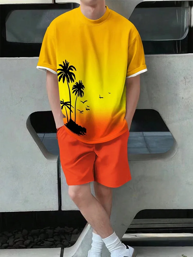 Summer Men's 2 Piece Set Hawaiian Fashion Casual Men's T-shirt Outdoor Beach Men's Shorts Palm Tree Print O-neck Short Sleeves