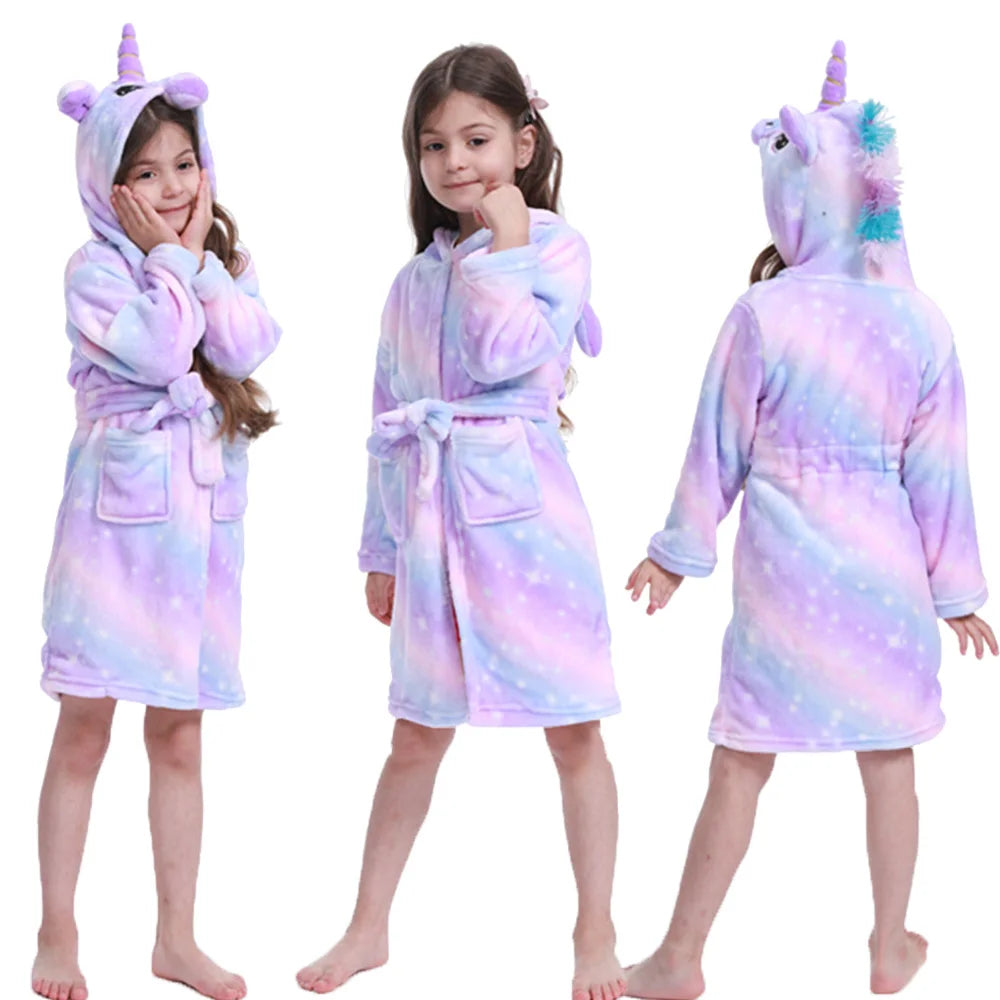 Lilo & Stitch Disney Girls Robes Children's Nightgowns Flannel Winter Sleepwear Kids Pyjamas Blue Stitch Unicorn Kigurumi Robes