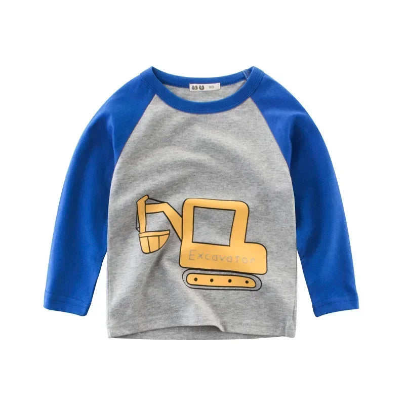 2025 Autumn T Shirt Cartoon Car T-shirt Boys Girls Baby Kids Clothes Cotton Long Sleeve Top for Boy Children's Clothing 2-9 Year