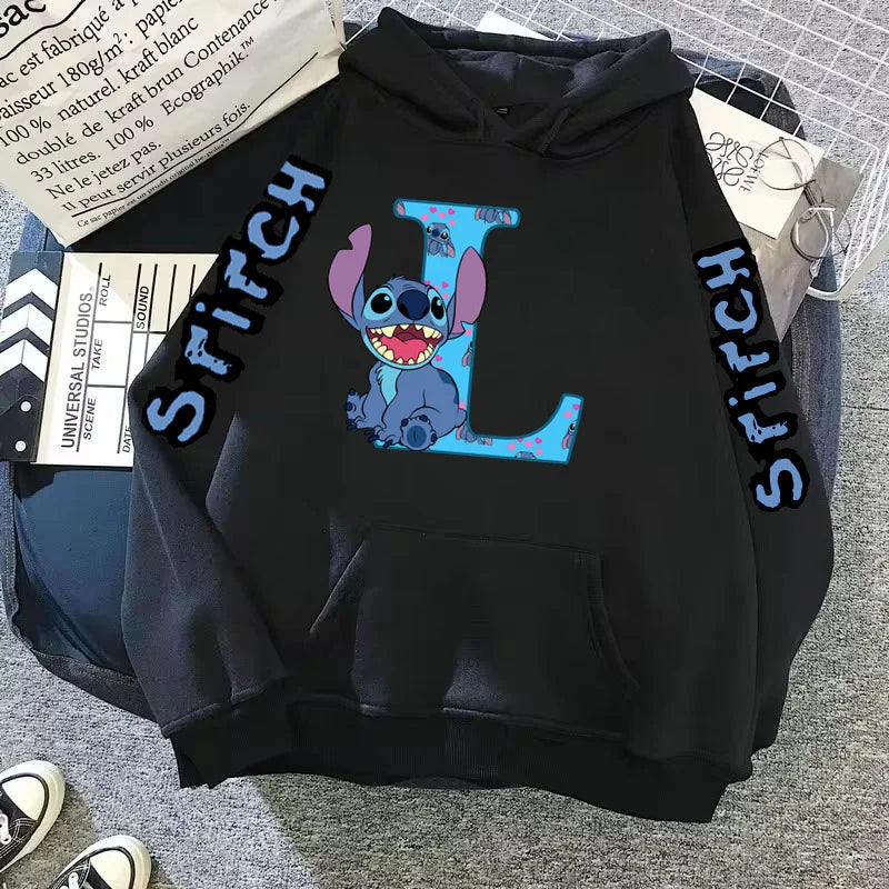 2024 Women's Winter Jacket Cute Kawaii Disney Lilo & Stitch Lucky Letter Print Black Hoodie Fashion Couple Streetwear Sportswear