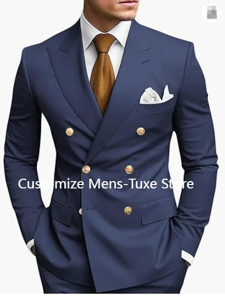 High Quality Brown Men's Suits Double Breasted Bespoke Double Breasted Peaked Lapel Formal Blazer Slim Fit 2 Piece Jacket Pants